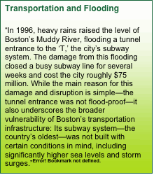 Text Box: Transportation and Flooding “In 1996, heavy rains raised the level of Boston’s Muddy River, flooding a tunnel entrance to the ‘T,’ the city’s subway system. The damage from this flooding closed a busy subway line for several weeks and cost the city roughly $75 million. While the main reason for this damage and disruption is simple—the tunnel entrance was not flood-proof—it also underscores the broader vulnerability of Boston’s transportation infrastructure: Its subway system—the country’s oldest—was not built with certain conditions in mind, including significantly higher sea levels and storm surges.”4
